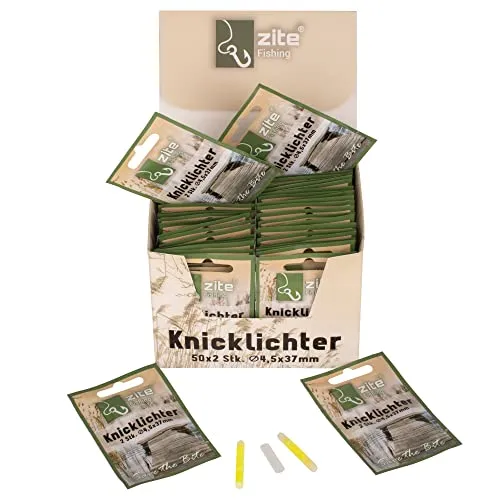 Zite Fishing Knicklichter Set Angeln Lange Leuchtdauer - 100 Stück in Knicklicht-Box - Für Posen & Bissanzeiger Nachtangeln - 4,5x37mm Gelb/Grün