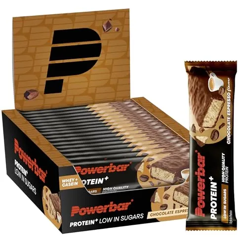 Powerbar Protein Plus Low Sugar Riegel - Chocolate Espresso - 16x35g - Proteinriegel mit nur 1,6g Zucker, ideal als gesunde Belohnung nach dem Sport oder für zwischendurch. Mit 11g hochwertigem Protein pro Riegel unterstützt er Muskelaufbau und -erhalt.