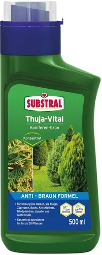 Substral Thuja-Vital 500 ml - Spezial-Dünger für Nadel- & Laubgehölze - Flüssigdünger für Thujen, Zypressen und Buchs. Mit spezieller Formel zur Unterstützung der Pflanzenpflege und Nährstoffversorgung. Ideal für Gießen und Spritzen.