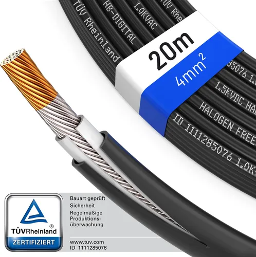 hb-digital Solarkabel 4 mm² 20m schwarz für Solar Anlagen - Hochwertiges Verlängerungskabel für Solar-Anwendungen, flexibel und robust. Ideal für den Einsatz bei Temperaturen von -40 °C bis +90 °C.