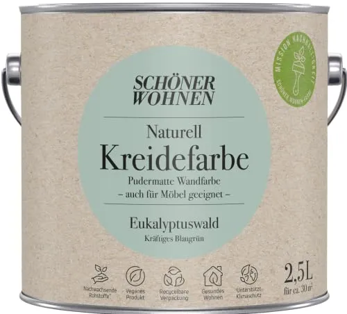 Schöner Wohnen 2,5L Naturell Kreidefarbe Eukalyptuswald - Farben in kräftigem Blaugrün, umweltfreundlich und perfekt für kreative Wandgestaltungen