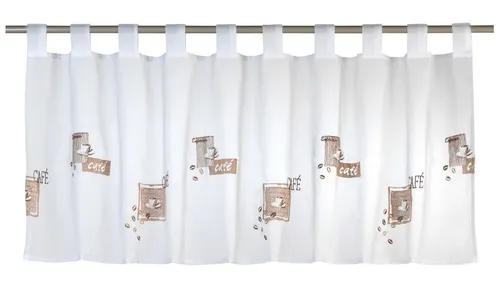 ELBERSDRUCKE Scheibengardine Bistrogardine mit Schlaufen Cafe weiß-braun 48 x 140 cm (1 St), Schlaufen, transparent, Polyester, transparent, Cafe-Motive, modern, bestickt, Sichtschutz