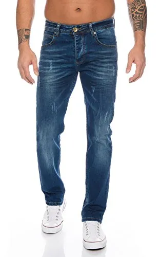 Rock Creek Herren Jeans Deep Blue RC-2110 [W42 L34] - Herren-Jeanshosen in Übergröße W42, komfortabler Regular Straight Schnitt, hochwertig verarbeitet und perfekt für XXL-Männer, ideal für den Alltag mit leichtem Used Look.