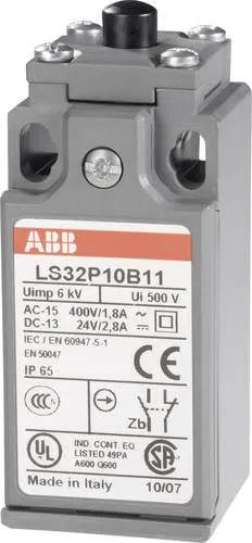ABB 1SBV010310R1211 LS32P10B11 Endschalter - Taster für Positionsüberwachung, IP65 Schutz gegen Staub und Wasser, ideal für industrielle Anwendungen mit elektromagnetischer Störfestigkeit.