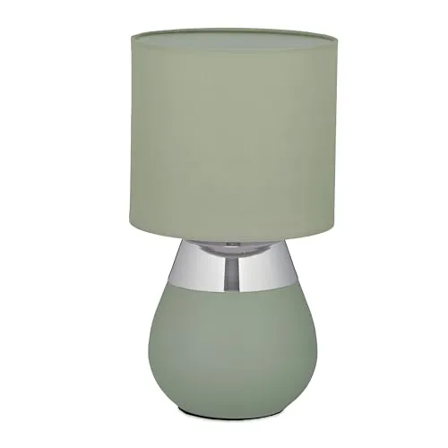 Relaxdays Tischlampe mit Stoffschirm - Elegante Nachttischlampe in Grün, ideal für Schlafzimmer und Wohnzimmer. Runde Form und E14-Sockel für individuelle Beleuchtung.