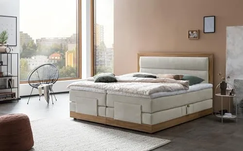 Belanoti MODELA Boxspringbett 180x200 elektrisch verstellbar - Bequemes Boxspringbett 180x200 mit 7-Zonen Taschenfederkern und elektrisch verstellbarem Motor für höchsten Liegekomfort. Inklusive Visco Topper und Massivholz Eiche für eine elegante Optik.