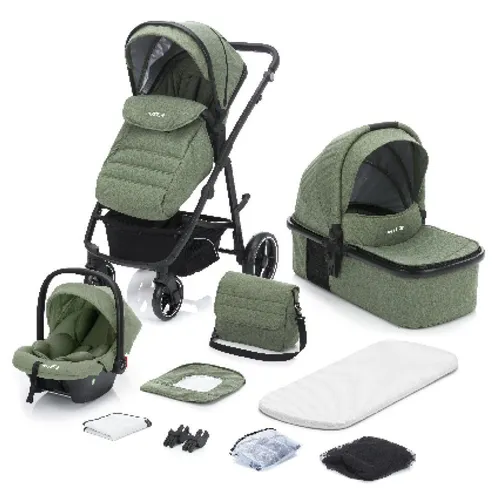 MICA Kombi-Kinderwagen Kinderwagenset - Jaguar - grün melange - Kombikinderwagen für maximalen Komfort, mit wendbarem Sitz und leichtem Rahmen, ideal für aktive Familien.