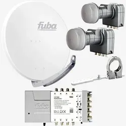 Fuba Sat Anlage 8 Teilnehmer - 2 Satelliten - SAT-Antennen für zwei Satelliten mit hervorragendem Signalgewinn von bis zu 39,53 dB, ideal für HD- und UHD-Empfang, inklusive Multischalter und Quattro LNB für beste Empfangsqualität.