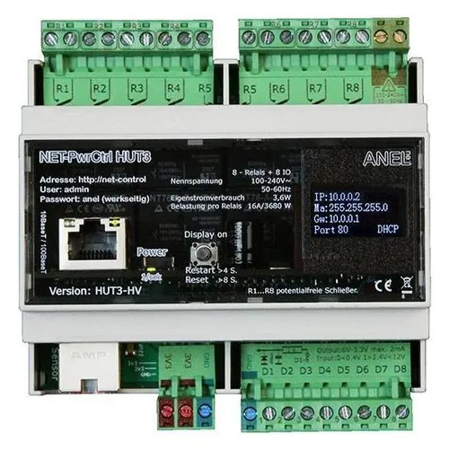 NET-PWRCTRL HUT 3 LV - 8 Ethernet gesteuerte Relais - Steuern Sie bis zu 8 Relais über das Internet oder den Webbrowser. Kompakte Bauweise, einfache Installation und individuelle Konfiguration für maximale Flexibilität.