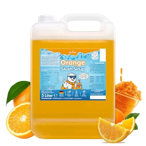 Belissia Slush Eis Sirup 5L Konzentrat | Orange Geschmack - Sirupe für Slush-Eis und Wassereis – sehr ergiebig, zaubert blitzschnell leckere Slushies in knalligen Farben (1:5) für bis zu 30 Liter, perfekt für Partys und Events.