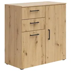 Kommode Multistauraum Eiche Artisan – Minimalistisches Design - Die Kommode Multistauraum in Eiche Artisan bietet mit kompakten Maßen und viel Stauraum hinter drei Drehtüren und zwei Schubladen die ideale Lösung für moderne Wohnräume.