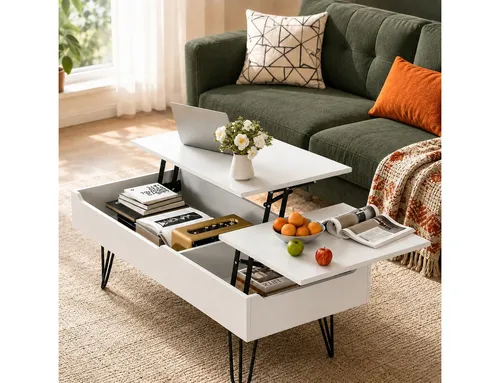 GUNUSS Höhenverstellbarer Couchtisch - Weiß, 120x50x56cm - Robuster Couchtisch mit hydraulischem Hebel für sanftes Heben. Bietet Stauraum und ist pflegeleicht. Ideal für entspanntes Arbeiten oder gemütliche Kaffeepausen.