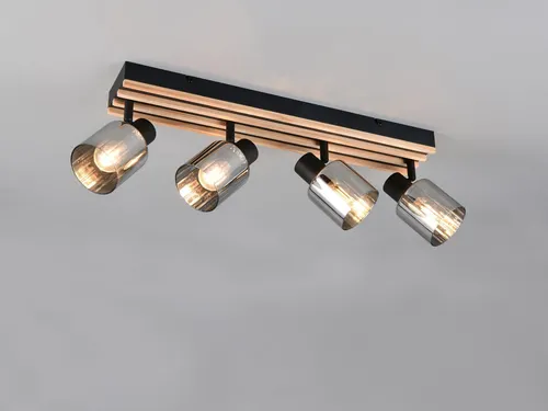 LED Deckenstrahler 4-flammig, Rauchglas Schwarz & Holzlamellen, Breite 64,5cm