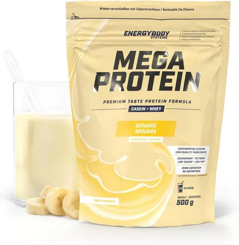 Energybody Mega Protein Pulver - Banane, Whey & Casein, aspartamfrei - Leckeres Eiweißpulver für Shakes, ideal für Muskelaufbau und Diät. Einfach mit Wasser oder fettarmer Milch mixen. Perfekt nach dem Training!