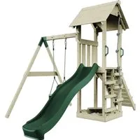 OutdoorToys Spielturm - Schaukelspielturm aus Holz in Dunkelgrün, ideal für Kinder ab 3 Jahren. Bietet Spielspaß und Sicherheit im eigenen Garten.