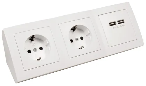 Steckdosenblock Flair mit USB, 2-fach Schutzkontakt, weiß - Hochwertiger Steckdosenblock mit 2 Schutzkontaktsteckdosen und 2x USB-Anschlüssen (5V/2,4A). Ideal für moderne Wohnräume, mit zeitgemäßem Design und einfacher Handhabung. Fertig verkabelt und sofort einsatzbereit.