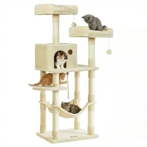 FEANDREA Kratzbaum 143 cm mit 2 Aussichtsplattformen - Kratzbaum für Katzen, 5 Ebenen und 3 Liegemulden, bietet optimale Spiel- und Ruheplätze für Ihre Katzen und ist perfekt für kleine bis große Katzen.