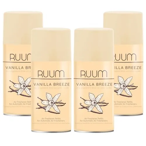 RUUM Lufterfrischer Nachfüller 4er Pack Vanilla Breeze - Duft Nachfüller kompatibel mit Air Wick Freshmatic, Glade Brise - 4x 250 ml Duftspray für Geruchsneutralisierung & Frische