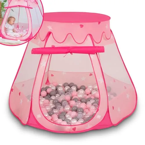 Selonis Baby Spielzelt Mit Plastikbällen Zelt 105X90cm/300 Bälle Plastikkugel Kinder, Pink:Perle-Grau-Transparent-Puderrosa