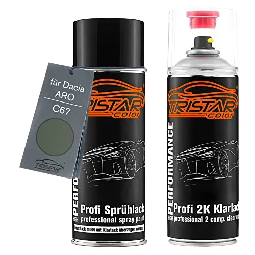 TRISTARcolor Autolack 2K Spraydosen Set für Dacia/ARO C67 Gris Olive Nacre Metallic/Thymian Grün Perl Basislack 2 Komponenten Klarlack Sprühdose
