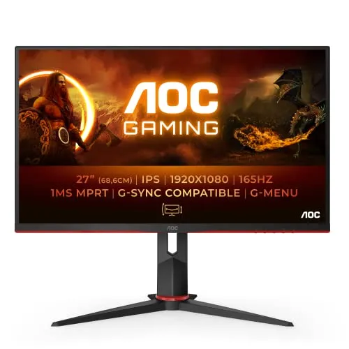 AOC 27 G2 SP Gaming Monitor - 27 Zoll IPS Gaming Monitor mit 165 Hz Bildwiederholrate und 1 ms Reaktionszeit, ideal für ein flüssiges Spielerlebnis in Schwarz/Rot.