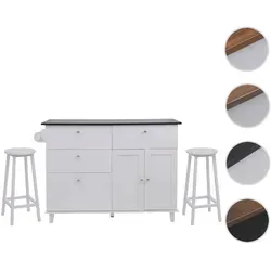 Kücheninsel HWC-P62 mit 2 Sitzhockern – Modernes Design in Marmor-Optik - Kücheninsel mit 2 komfortablen Hockern, vier Schubladen und zwei Schrankfächern. Bietet großzügige Arbeitsfläche und Stauraum für Küchenutensilien. Ideal für gesellige Momente und stilvolles Kochen.