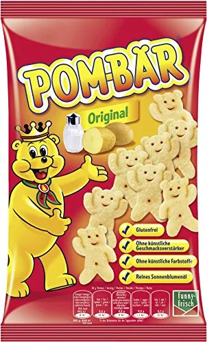 Funny Frisch Pom Bär Original gesalzene Kartoffelchips 75g - Leckere gesalzene Kartoffelchips, vegan und ideal für den Snackgenuss zwischendurch. Perfekt für gesellige Abende oder als knusprige Beilage!