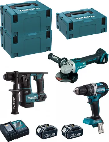 Makita Kit MK309RTJ - Kombihammer, Schlagbohrschrauber & Winkelschleifer - Vielseitiges Elektrowerkzeug-Set für Heimwerker: Kombihammer, Schlagbohrschrauber und Mini-Winkelschleifer. Ergonomisches Design und leistungsstarke BL-Motoren für effiziente Anwendungen.