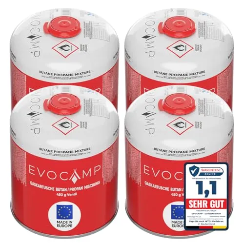 EVOCAMP Gaskartusche 4x Propan Butan 450g - Ideal für Weber Grills - Gaskartuschen für Weber Grills Q100-1200-Serien, 4 Stück, 450g, Schraubventilkartusche - perfekt für Grillabende und Camping.
