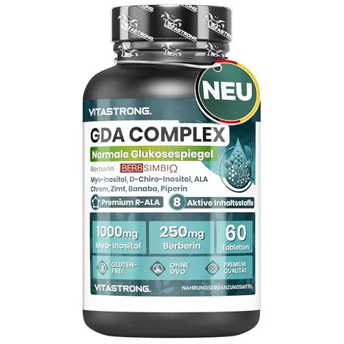GDA Complex Vitastrong: Hochdosiertes Berberine Supplement für Blutzuckerregulation - Multivitaminpräparate & Mineralien mit 8 aktiven Inhaltsstoffen für einen gesunden Stoffwechsel und normale Blutzuckerwerte. Glutenfrei und getestet für höchste Qualität!
