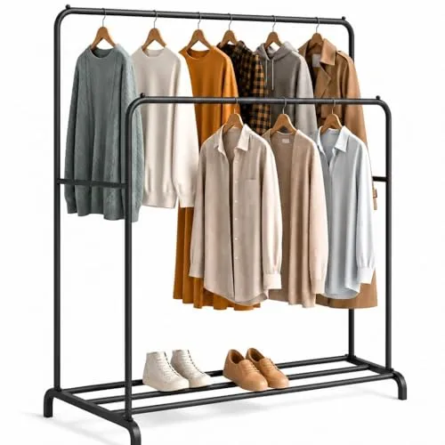 edihome, Kleiderständer, Kleiderstange, Doppelt, 110 x 150 x 54 cm, Schuhregal, Metallisch, Stabil, Clothes Rack, Klamotten Ständer, Clothes Organizer (Schwarz Doppel)