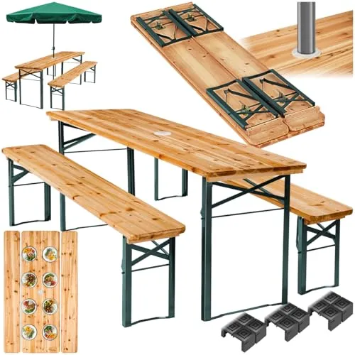 tectake Bierzeltgarnitur Ludwig 3-tlg. klappbar - Bierzeltgarnituren mit klappbarer Funktion und Schirmhalterung, ideal für Gartenpartys und Events, belastbar bis 300 kg.
