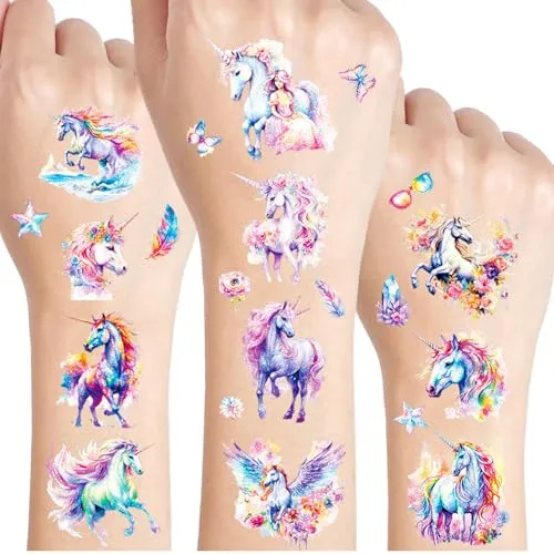Einhorn Glitzer Tattoo Set Kinder, 12 Blätter Einhorn Fake Tattoos für Kinder, unicorn Geschenke für Mädchen, Geburtstag Party Geschenk Kleine, Hautfreundliche Temporäre