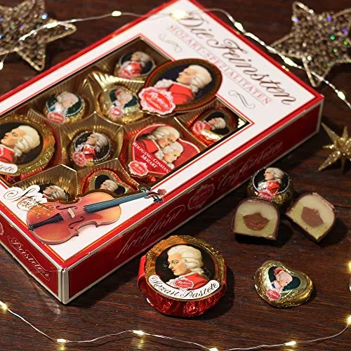 Reber, Die Feinsten, 12er Packung, Gemischte Kugeln aus Zartbitter- Alpenmich- Schokolade, Pasteten und Mozart Herz'l, Gefüllt mit Pistazien-Marzipan, Mandeln und Haselnuss-Nougat, 218g (12 Stück)