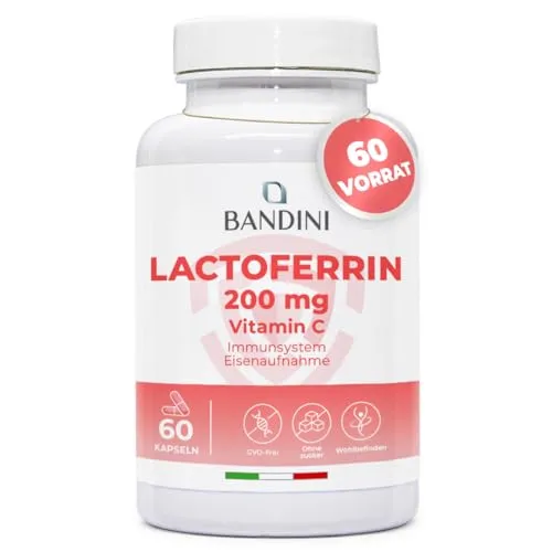 Bandini® Lactoferrin 60 Kapseln - Hochdosiert mit Vitamin C für optimale Eisenaufnahme - Optimale Kombination aus 200mg Lactoferrin und 60mg Vitamin C in leicht schluckbaren Kapseln. Unsere laborgeprüften Kapseln unterstützen Ihre tägliche Ernährung und bieten geprüfte Qualität für einen 2-Monats-Vorrat.
