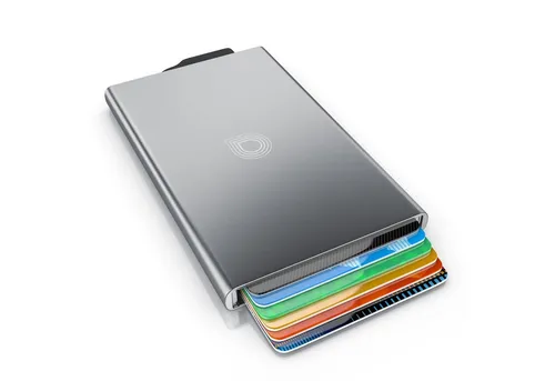 Aplic Kartenetui aus Aluminium für 6 Karten – NFC/RFID Abschirmung - Robustes und wasserabweisendes Kartenetui in Silber für 6 Karten. Schützt Ihre Daten zuverlässig mit einem integrierten NFC/RFID Blocker und ermöglicht einfachen Zugriff durch den Schieberegler.