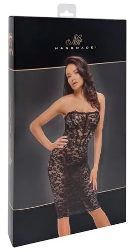 Noir Handmade F301 halblanges Corsagen-Kleid aus Spitze, Schwarz - Erotisches Midikleid aus Spitzenmaterial, mit verführerischer Schnürung am Rücken und stützenden Stäbchen für perfekten Sitz, ideal für besondere Anlässe.
