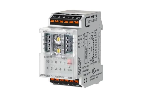 Metz Connect METZ CONN. BMT-F-DI10 BACnet MS/TP 110881131970 - BACnet MS/TP-Modul mit 10 digitalen Eingängen, ideal zur Erfassung von Schalterzuständen für dezentrale Schaltaufgaben in der Gebäudeautomation.