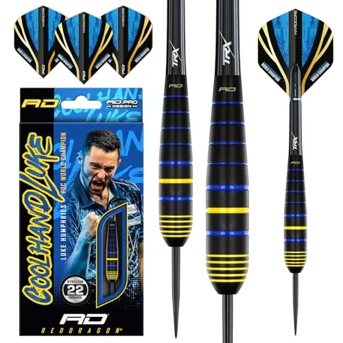 RED DRAGON Luke Humphries Weltmeister 22G Messing Steeldart-Set mit Flights und Schäften (Stems)