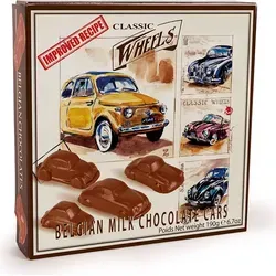 Belgische Milchschokoladen-Autos: Classic Wheels Pralinen - Marzipan & Pralinen, nostalgische Autos aus zartschmelzender belgischer Milchschokolade, gefüllt mit Haselnusscreme – ideal als Geschenk für Oldtimer-Liebhaber oder zum eigenen Genießen.