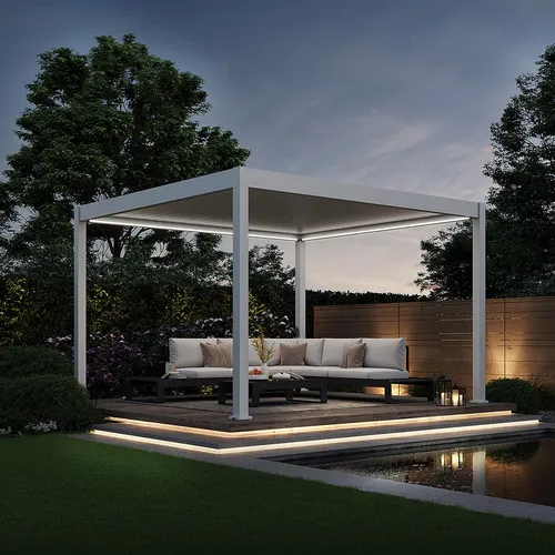 Weide E-Deluxe | Elektrische Pergola mit LED | 3,6 x 4 M - Moderne Aluminium-Pergola mit motorisiertem Lamellendach, RGB LED-Beleuchtung und Fernsteuerung. Ideal für gemütliche Abende und optimalen UV-Schutz.