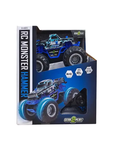 Gear2play RC Monster Hammer - Ferngesteuertes Auto - Cooler Monster Truck im Maßstab 1:24, ideal für drinnen und draußen. Mit 2x2 Big Wheels und bis zu 10 km/h Geschwindigkeit sorgt er für actionreichen Fahrspaß. Für Kinder ab 5 Jahren.