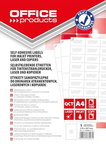 OFFICE PRODUCTS Etiketten Selbstklebend / 210 x 297 mm/ 100 Blatt A4 / Weiß/Günstige, Wirtschaftliche Selbstklebeetiketten/Adressaufkleber Bedruckbar Adressetiketten Klebeetiketten