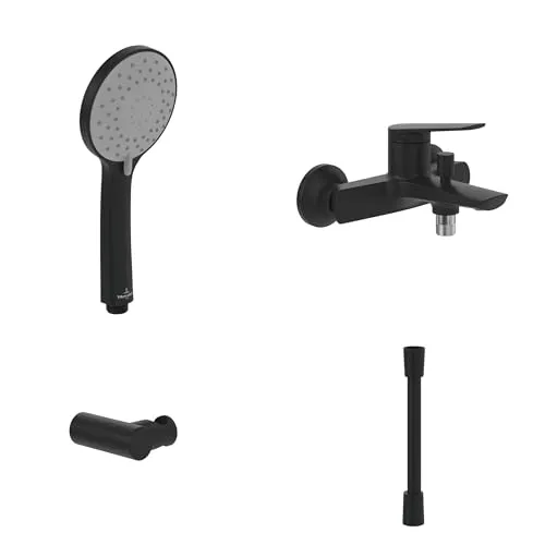 Villeroy & Boch Wannenarmatur Oasis - Badewannenarmaturen-Set in Matt Black - Wannenarmaturen-Set mit ergonomischer Badewannenarmatur, Handbrause und drei Strahlarten für ein perfektes Badeerlebnis. Pflegeleichte Oberfläche für langanhaltende Freude.