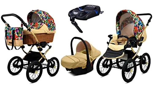 Babylux® Classic Gold 4in1 Kinderwagen Set – Jungle Flowers - Vielseitiger Kombikinderwagen aus leichtem Aluminium, ideal für Neugeborene bis 15 kg. Mit sicherem Autositz, verstellbaren Funktionen und praktischem Design für höchsten Komfort und Mobilität.