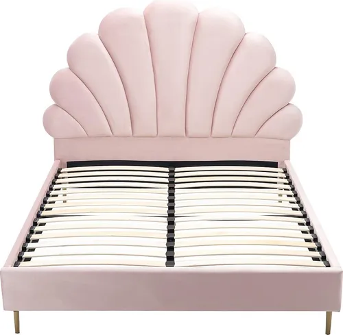 Vente-unique LIVAYA Bett mit Muschel-Kopfteil - 160 x 200 cm - Rosa Samt - Elegantes Bett im Muschel-Design aus weichem Samt für besonderen Schlafkomfort. Mit stabiler Metallstruktur und Lattenrost für optimalen Halt. Perfekt für stilvolle Schlafzimmer.