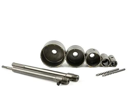 SDS Bohrkronen Beton HM 5 Dosenbohrer Lochsäge 30-100mm - Lochsägen-Set für Beton, Klinker und Ziegel mit 5 Bohrkronen (Durchmesser 30-100 mm) und 2 Verlängerungen. Ideal für präzise Bohrungen in verschiedenen Materialien.