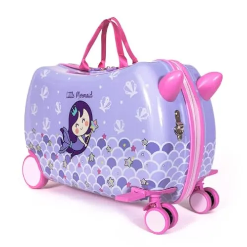Milk&Moo Kleine Meerjungfrau Rollkoffer für Kinder - Robuster Kinder Rollkoffer mit ergonomischem Sitz und 360-Grad-Drehrädern, ideal für Reisen mit Kindern von 2-6 Jahren. Bietet viel Stauraum und ermöglicht müheloses Ziehen oder Sitzen.