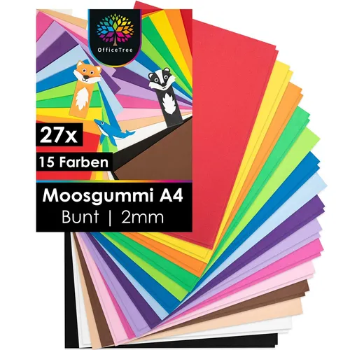 OfficeTree 27x Bögen Moosgummi A4 2mm - 15 Farben - Schaumstoff zum Basteln