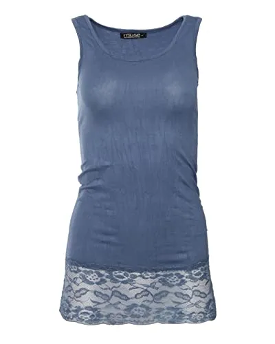 Easy Young Fashion - Damen Trägertop mit Spitzensaum - langes Unterziehshirt Skinny Fit 0518 (Jeansblau S/M)